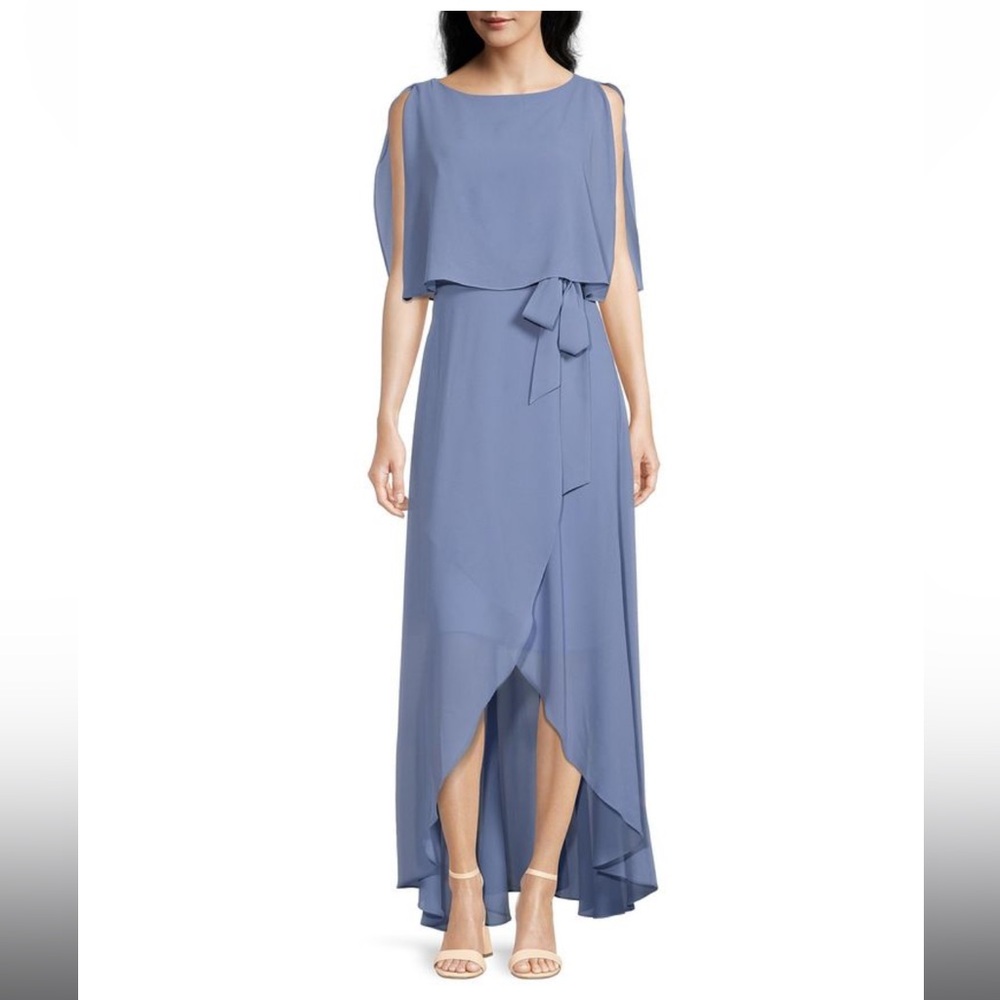 NWT Blue Jessica Howard Split Sleeve Tie Waist Round Neck High-Low Popover Dress
